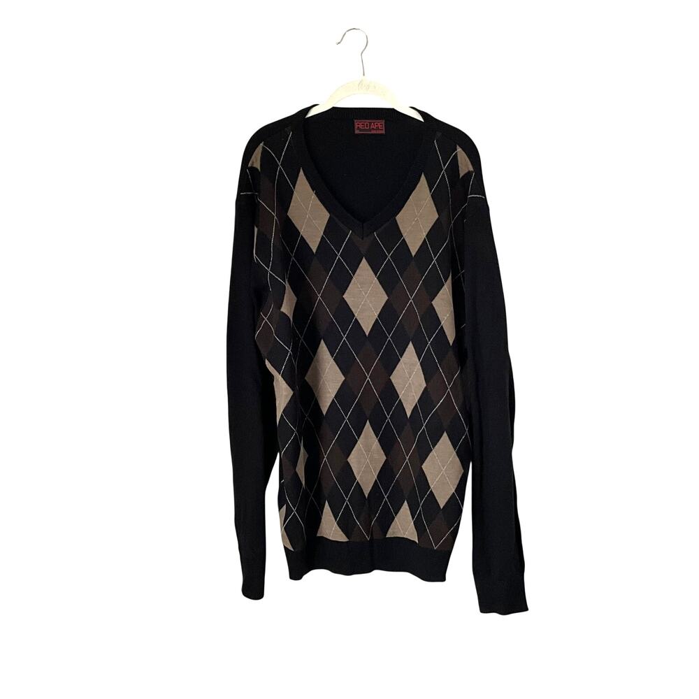Red Ape Dark Argyle V-Neck Sweater: 90s, Y2K
